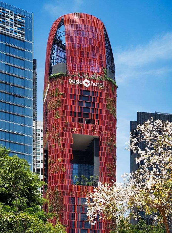 Oasia Hotel Downtown Singapore - Red building façade, day view